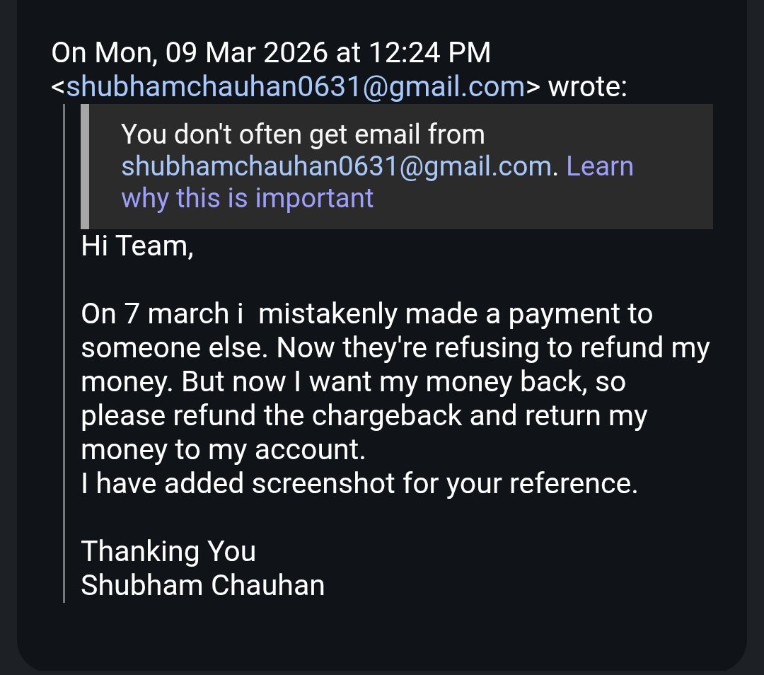 ShubhamCha35674's tweet photo. @HDFC_Bank @HDFCBank_Cares @hdfcsec @HDFCBankNews @YESBANK 
Hi Team,
On 7 march i  mistakenly made a payment to someone else. Now they're refusing to refund my money. But now I want my money back, so please refund the chargeback and return my money to my account. https://t.co/C6kDnEB82D