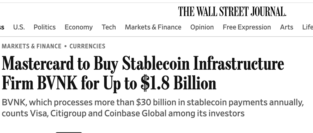 Sigue la revolución #stablecoins. Mastercard compra la empresa de infraestructura sobre monedas estables BVNK por 1.800 millones. ¿Todavía no ves cómo crypto se va comiendo el mundo financiero tradicional?

En esto trabajamos en <a href="/stabolut/">Stabolut</a> . Si quieres subirte al barco del mundo