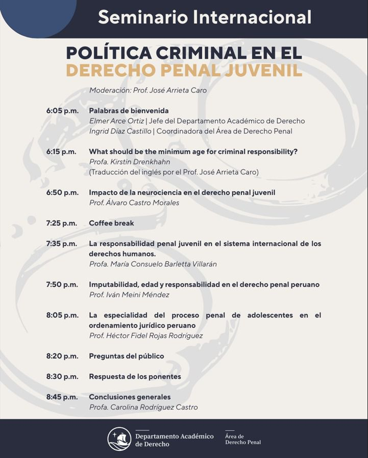 Grupo_Depec's tweet photo. #Seminario #internacional 
"Política criminal en el Derecho Penal juvenil"
Fecha: Martes 24 de marzo
Hora: 6:00 p.m.
Lugar: Anfiteatro Armanzo Zolezzi (2do piso de Derecho PUCP, Av. Universitaria 1801)
Ingreso libre previa inscripción (cupos limitados): https://t.co/faeUmIgGjW https://t.co/hhWakBlqZc