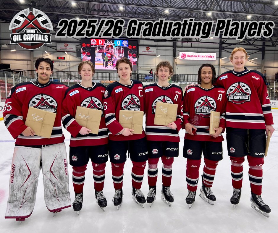 OilCapsHockey's tweet photo. We would like to take a moment to acknowledge our 2025/26 graduating players! Thank you boys for all your contributions!

Graduating Players: 
D #6 Ty Plaisier 
F #11 London Hoilett 
D #20 Oliver Schroeder  
D #25 Austin Osiowy 
F #29 Marshall Light 
G #35 Braxton Burdeny https://t.co/PJtz2vnFBi