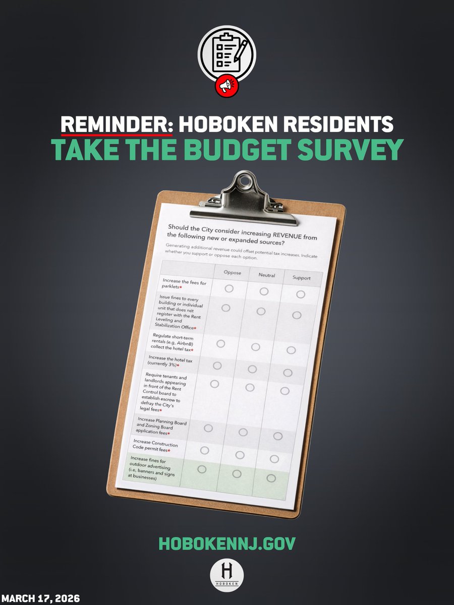 CityofHoboken's tweet image. #Hoboken, have you taken the budget survey yet? 👀📋

Your input helps shape how we prioritize city services, make investments, and explore new revenue ideas. These decisions impact your day-to-day life as a resident, so we want to hear from you!

arcg.is/nKGiO0