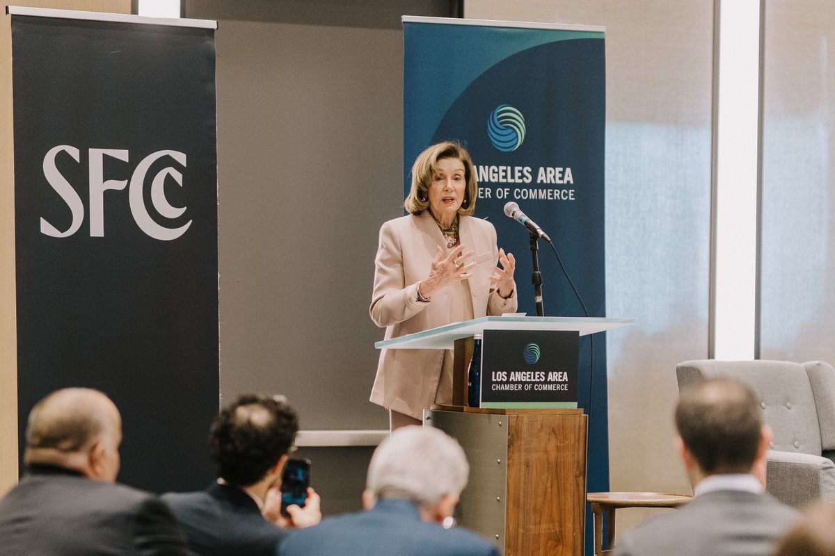 LAAreaChamber's tweet photo. It’s the final day of ACCESS D.C.! Grateful for insightful discussions and productive meetings. This morning, 
Former House Speaker Nancy Pelosi delivered remarks on the importance of collaboration between LA and SF in shaping California’s future. @SpeakerPelosi 
#ACCESSDC https://t.co/QN19NZhcuj