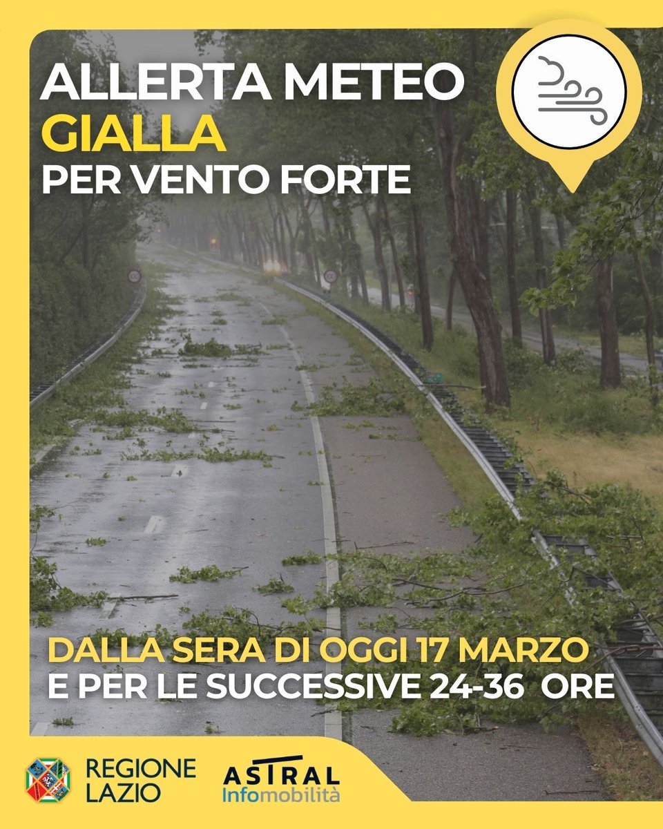 astralmobilita's tweet photo. ⚠🟡 #ALLERTA #METEO #LAZIO #VENTO

📆🕖da questa sera, #17marzo e successive 24-36 ore

💨sono previsti sul Lazio centro-settentrionale venti da forti a burrasca con mareggiate lungo le coste esposte.

👉https://t.co/jgm7sWWKhU

#viabiliLAZ https://t.co/suVdWT3veV