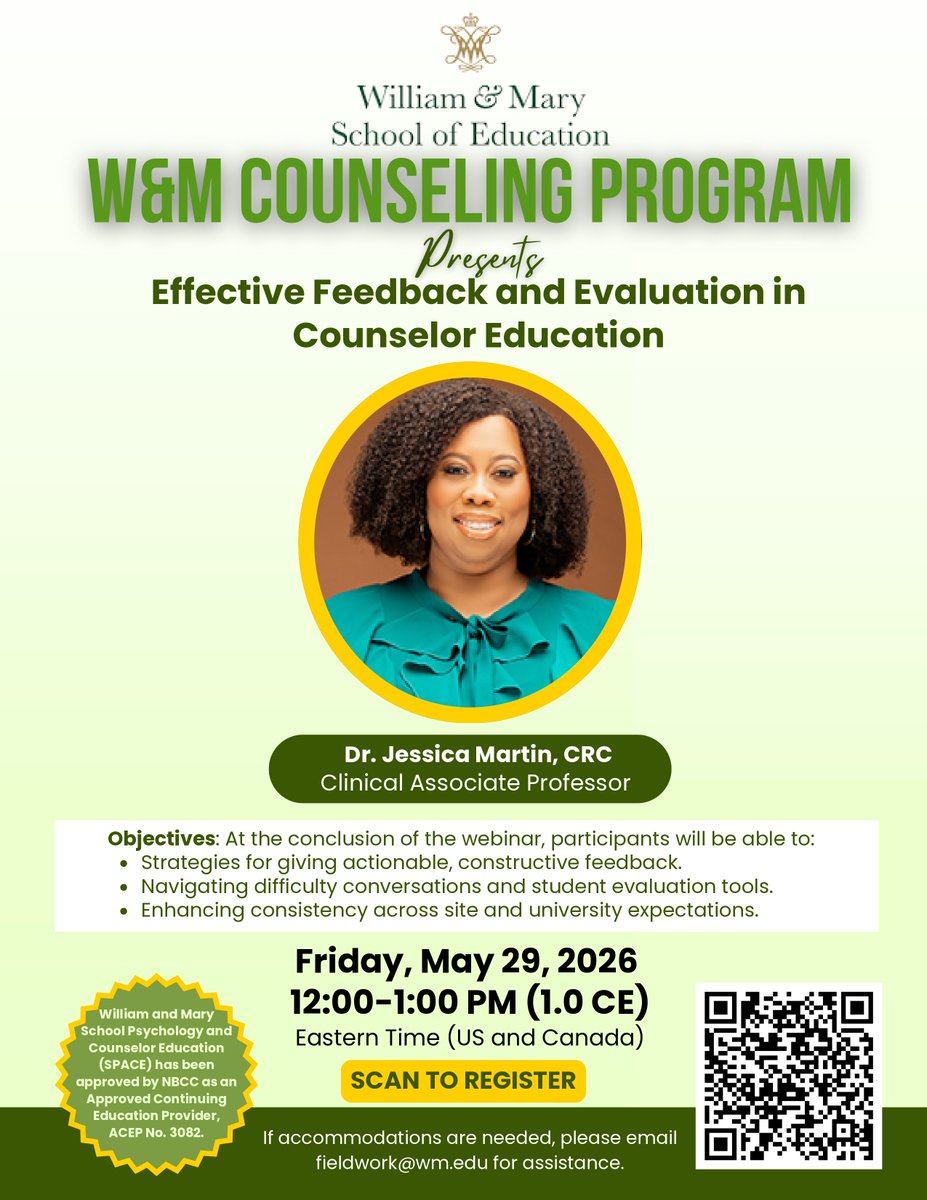WMSOE's tweet photo. Join Jessica Martin for a webinar on “Effective Feedback and Evaluation in Counselor Education” on Friday, May 29, 2026, at 12 p.m. ET.

To register, please visit https://t.co/uG1WTFg2FG 

#wmsoe #education #edleadership #counseling https://t.co/iTXIwIkkkr