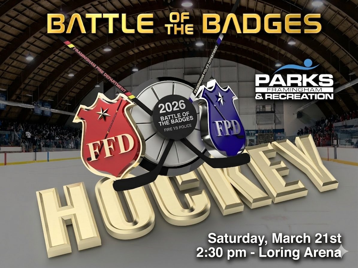 FraminghamFire's tweet photo. Game on, Framingham! 🚨🏒

The Battle of the Badges is back this Saturday! Watch FFD take on @FraminghamPD in another epic hockey showdown at Loring Arena.

🗓 Saturday, March 21st
⏰ 2:30 PM
🎟 FREE ADMISSION

Bring the family, grab a seat, and let’s pack the stands! https://t.co/vASfXKKa9i