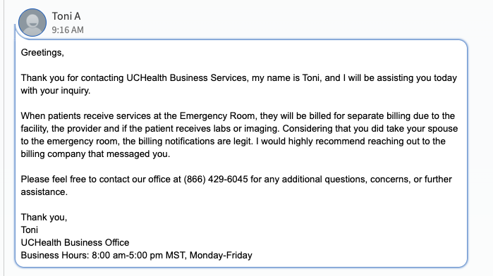 german52683's tweet photo. @uchealth I am getting harrased by a company with domain https://t.co/CUwGnw8Cwc and number 800-225-0953 for my wife's ER visit to Longs Peak.  The message is  suspecious as they don't call my wife by her first name, nor by her full last name.  Your support person brushed it off. https://t.co/U0dykZ6goN