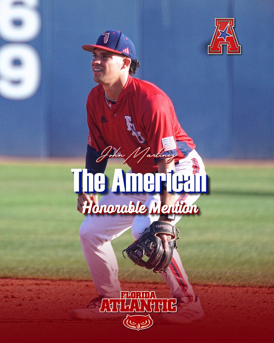 FAU_Owls_Nest's tweet image. CONGRATS to @FAUBaseball IF John Martinez, who batted .471 (8-for-17) with three RBI and two runs scored, including three multi-hit games, on being named American Conference Honorable Mention for the week! #FAU 🦉⚾️