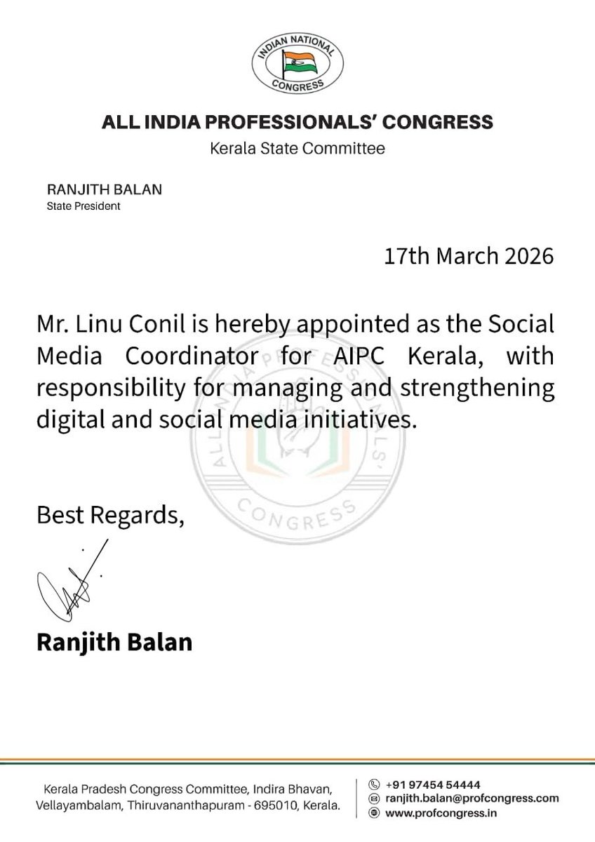 AipcKerala's tweet image. Official Announcement: Mr. Linu Conil has been appointed as the Social Media Coordinator for AIPC Kerala.

We are excited to have him lead our digital strategy and strengthen our online community. 🚀

#AIPCKerala #Official #SocialMedia #Kerala