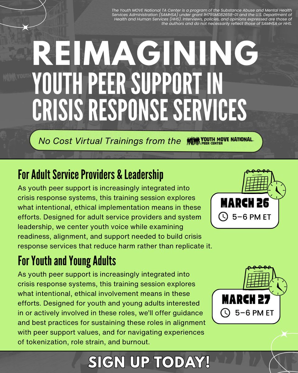 YMNPeerCenter's tweet photo. 📣 Next Week - Join the YMN Peer Center for No Cost Trainings on Peer Support in Crisis Response Services!

For Adult Service Providers &amp; Leadership on 3/26 at 5PM ET
Register: https://t.co/KYcuxeLAJP

For Youth and Young Adults on 3/27 at 5PM ET
Register: https://t.co/TcdF1wencA https://t.co/MhlLOHDXuH