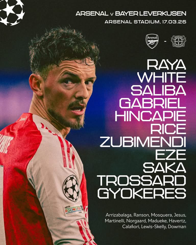🚨📋تشكيلة آرسنال الرسمية في مواجهة باير ليفركوزن:

#ليفركوزن_ارسنال #ARSB04 #UCL