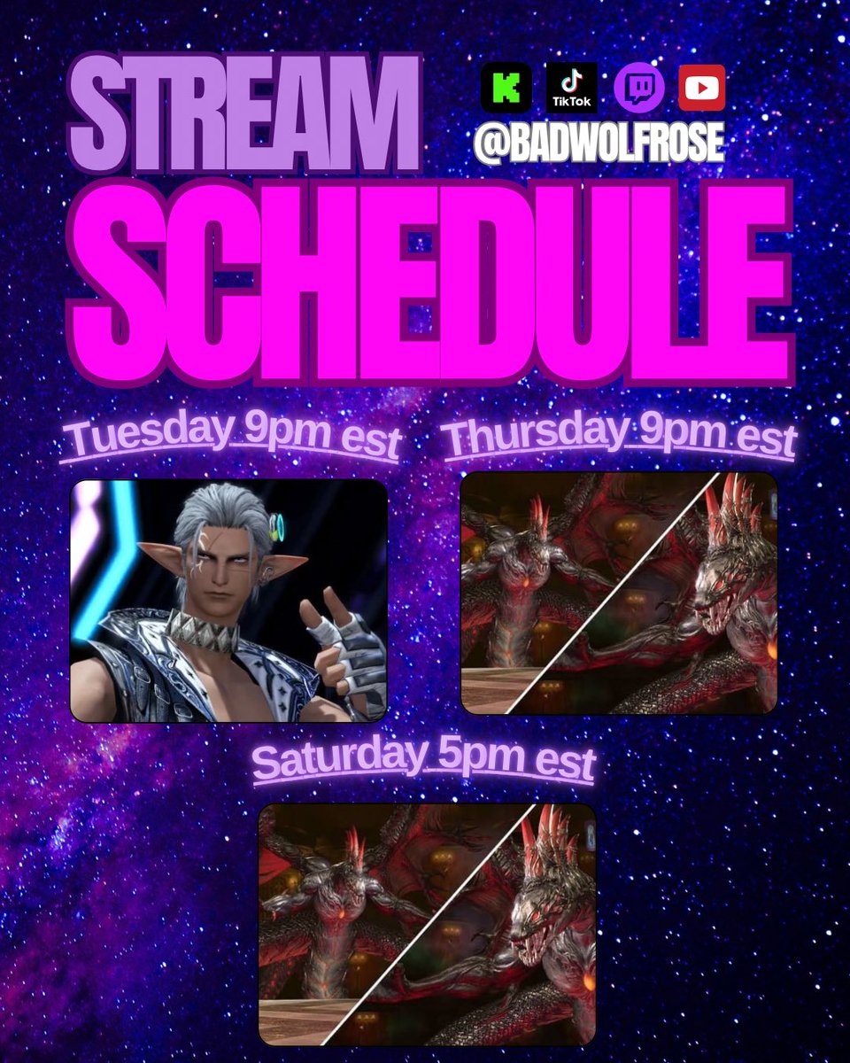 FFXIV raid nights are back this week!!

✨Tuesday | FFXIV | 9pm est 
✨Thursday | FFXIV | 9pm est
✨Saturday | FFXIV | 7pm est

⭐️ M11s reclear and M12s prog! ⭐️