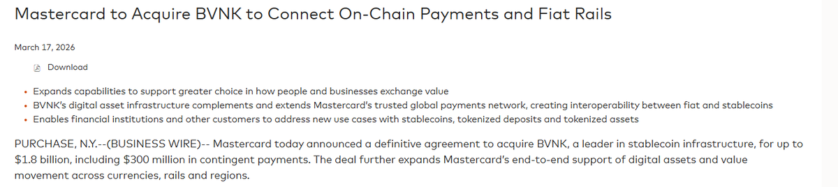 BramVGenechten's tweet image. Stablecoins will disrupt Visa &amp;amp; Mastercard.

Seems to be the sentiment.

$MA answer:

"Mastercard today announced a definitive agreement to acquire BVNK, a leader in stablecoin infrastructure, for up to $1.8 billion, including $300 million in contingent payments. The deal further