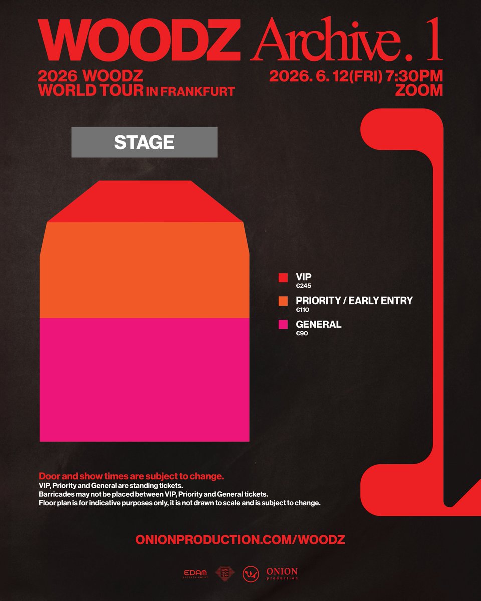 onionprdctn's tweet photo. Frankfurt, check out the floor plan and fan benefits of 2026 WOODZ WORLD TOUR＇Archive. 1＇! Tix on sale Wed 18 Mar, 12PM local time. Get ready!
Official ticket Link: https://t.co/kO7Yi9gJBS

2026 WOODZ WORLD TOUR＇Archive. 1＇
[Europe]
📍 07.06.2026 ➫ Berlin ➫ Columbiahalle
📍 10.06.2026 ➫ London ➫ Troxy
📍 12.06.2026 ➫ Frankfurt ➫ Zoom
📍 13.06.2026 ➫ Paris ➫ Salle Pleyel

WOODZ, an artist needs no introduction. With over 1 billion streams worldwide, WOODZ has firmly established himself as one of the most compelling voices in modern Korean alternative rock. Anthems including Drowning, AMNESIA, I Hate You, Love Me Harder, and Sun or Suck alone have amassed over 500 million streams, cementing his reputation as one of the genre’s most celebrated names. Following his sold-out 2023 world tour, WOODZ achieved an extraordinary milestone during his Korean military service as Drowning rose to No.1 on the music charts.

Now, the endless drowning rain finally comes to an end for MOODZ. Spring returns as WOODZ makes his long-awaited debut full album＇Archive. 1＇, and reunites with fans across the world. Prepare to fall in love once again as WOODZ takes the stage with electrifying energy and the emotional depth that defines his music.

#WOODZ #우즈
#Archive1 #Archive1_in_Europe
#OnionProduction @onionprdctn @c_woodzofficial