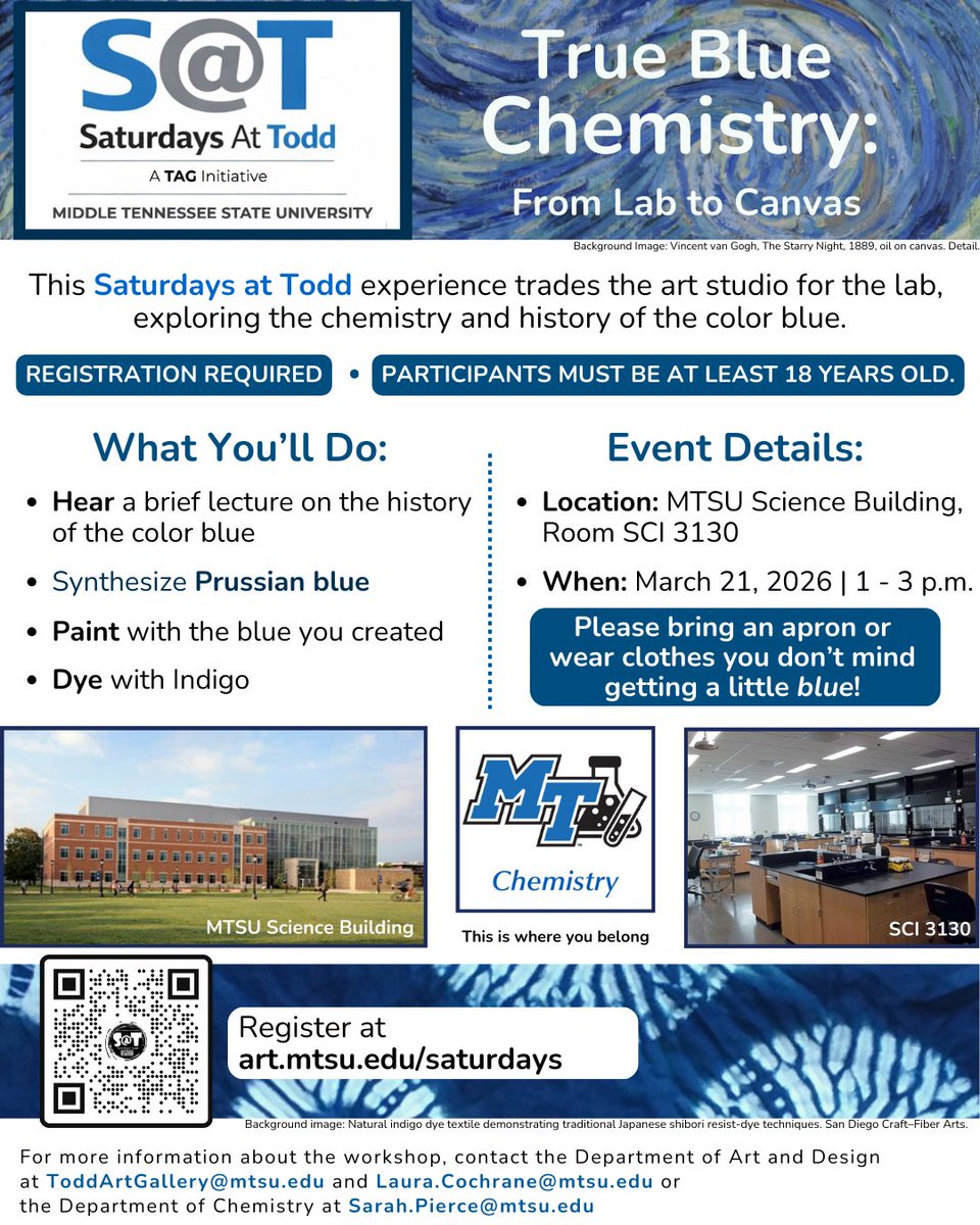 MTSUToddGallery's tweet photo. Register now for our upcoming Saturdays At Todd experience "True Blue Chemistry: From Lab to Canvas".

March 21 | 1–3 PM
SCI 3130, MTSU Science Building

Free and open to the public. Ages 18+. Registration required: https://t.co/1k88MggGO3 https://t.co/LAMB8VoztV