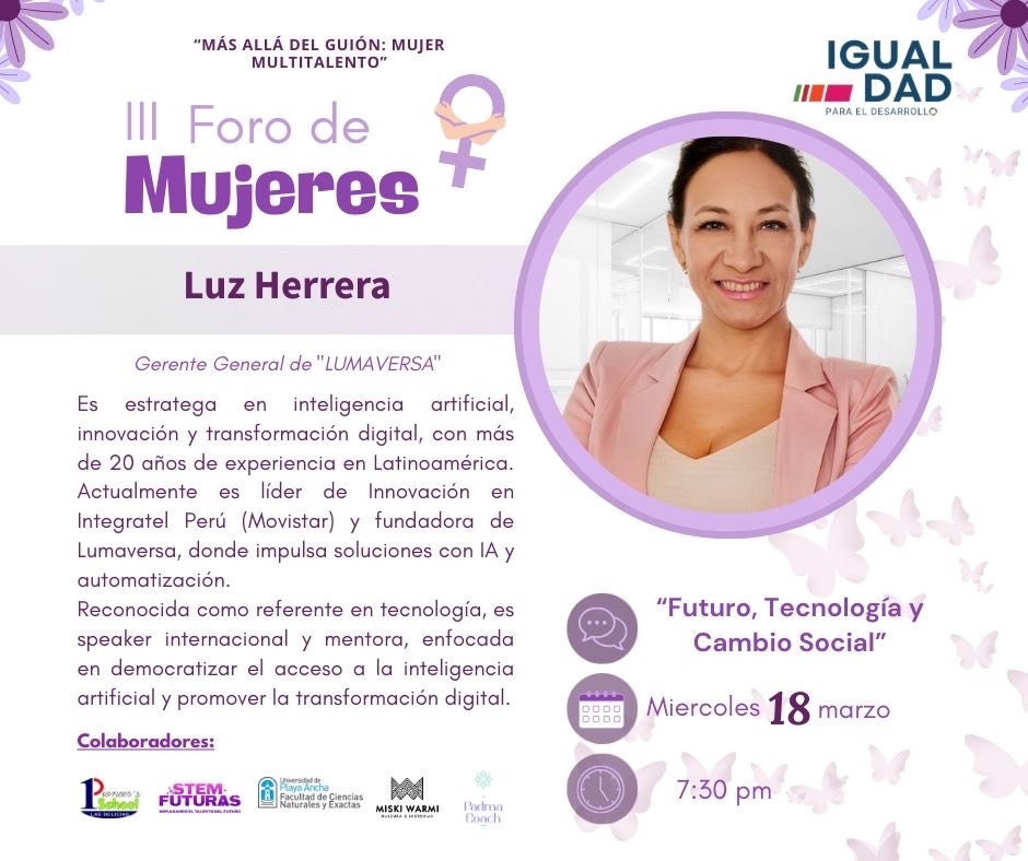 ongigualdad's tweet photo. ✨ El futuro ya no es algo lejano, es algo que estamos construyendo hoy.

Este 18 de marzo | 7:30 p.m.
Luz Herrera 💜

Con el eje temático: Futuro, Tecnología y Cambio Social

En el III Foro de Mujeres: “Más allá del guión: Mujer Multitalento”

Reunión 👩🏻‍💻:
https://t.co/8DtfdnL0ge https://t.co/jf8dX6XXNN