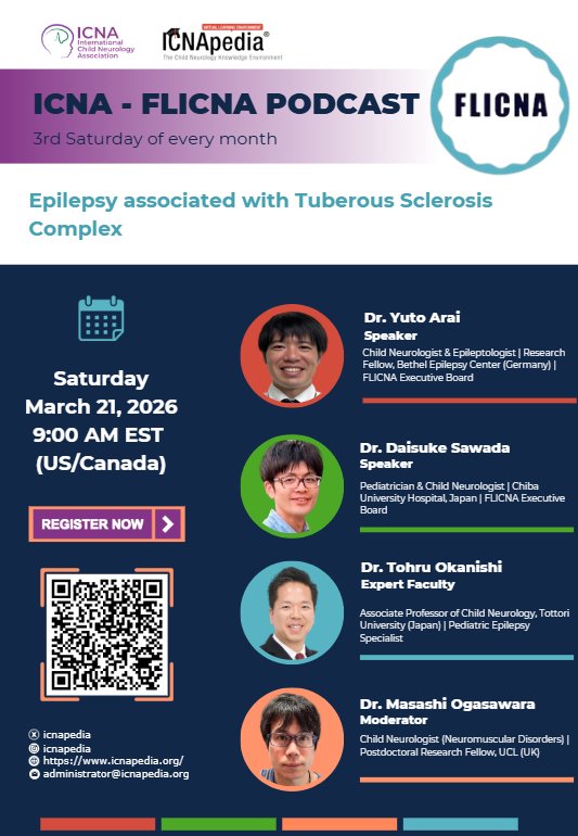 icnapedia's tweet photo. π FLICNA Podcast
Epilepsy in Tuberous Sclerosis Complex
π Mar 21, 2026 | β° 9β10 AM ET
π€ Yuto Arai | Daisuke Sawada
π©βπ« Tohru Okanishi | π Masashi Ogasawara
Register π https://t.co/PCQY95O1cu
#ICNA #FLICNA #Epilepsy #TSC https://t.co/fbHIM1erEu