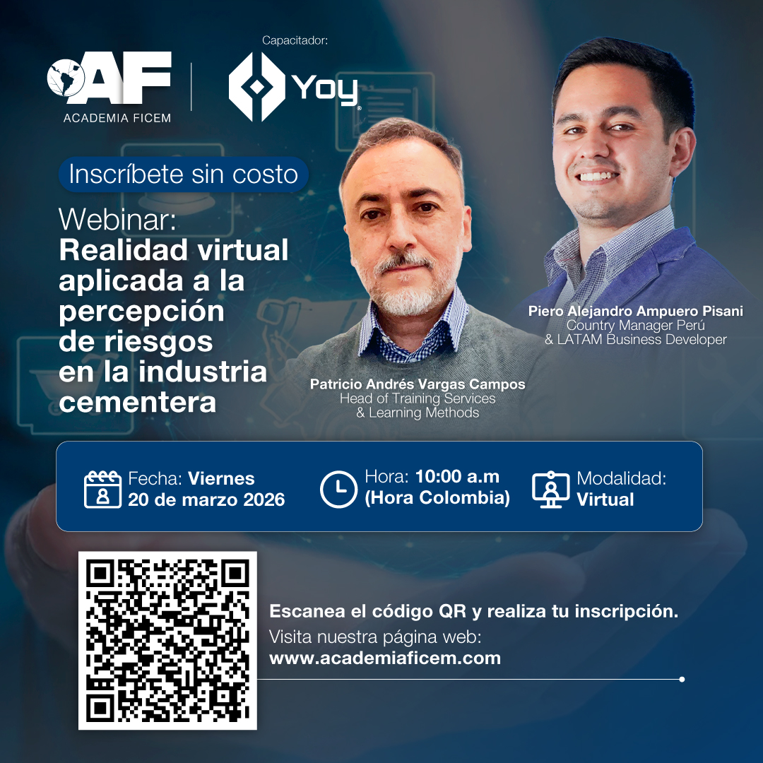 AcademiaFICEM's tweet photo. 🚀 Webinar Tecnológico FICEM
🔎 Realidad virtual aplicada a la percepción de riesgos en la industria cementera

La innovación tecnológica está revolucionando la forma en que  capacitamos y prevenimos accidentes en la industria.

¿Cómo puede la  realidad virtual mejorar la percepción de riesgos y fortalecer la  seguridad laboral?

En este webinar, YOY SIMULATORS, te dará a conocer cómo los  entrenamientos inmersivos basados en procesos cognitivos permiten  recrear escenarios de riesgo en entornos seguros, ayudando a los  trabajadores a desarrollar habilidades clave para la prevención de  accidentes.

Regístrate en: https://t.co/ltC7loapcW

👨‍💻 Conferencistas:
• Piero Alejandro Ampuero Pisani – Country Manager Perú & LATAM Business Developer,  Yoy Simulators
• Patricio Andrés Vargas Campos, Head of Training Services & Learning Methods, Yoy Simulators.

💡 Descubre cómo esta tecnología puede transformar la capacitación en seguridad industrial.
👉 Participa y sé parte de esta conversación sobre innovación y seguridad en la industria cementera.
#AcademiaFICEM #WebinarsFICEM #Innovación #SeguridadIndustrial #RealidadVirtual #IndustriaDelCemento #YOY