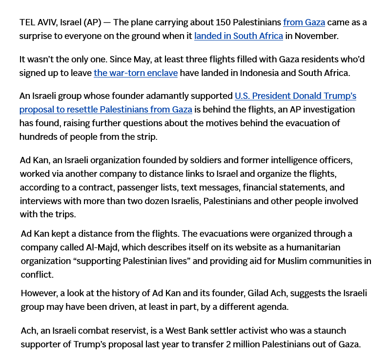 Archivepaletc's tweet photo. It turns out that the person who runs the Israeli organization responsible for the flights to transfer Palestinians out of Gaza, Ad Kan, is Gilad Ach, a prominent settler and reservist who has long promoted plans to depopulate Gaza.
https://t.co/0Se49Svcrh
https://t.co/ZFYf3wWiz2 https://t.co/1VY9a09ZUh