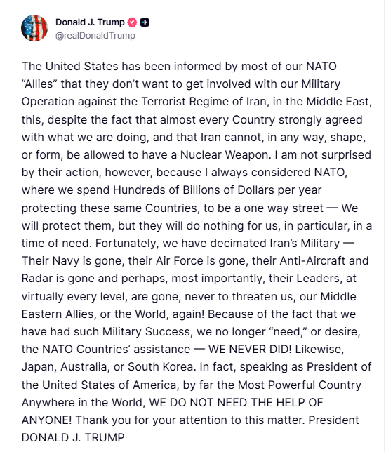 JeanCummings121's tweet photo. That is correct, Mr. President.  

The current South Korean government has no intention of supporting the United States. If that is indeed its position, then it must also be prepared to bear full responsibility for the consequences.  

At present, 26 Korean-flagged vessels and 183 Korean crew members remain stranded in the Strait of Hormuz for more than two weeks, yet there has been no meaningful action taken to ensure their protection. 

At the same time, despite mounting concerns over limited oil reserves, the government continues to dismiss the situation as manageable. 

This raises serious questions about its sense of responsibility to its own people and to national security.  The United States now faces a moment that calls for clarity.  

Alliances cannot be sustained on one-sided commitments. They require reciprocity — in both respect and responsibility. 

An alliance, by definition, is a mutual obligation. When that principle erodes, so too does the foundation of the partnership. 

It may be time to reassess expectations regarding cooperation with the current South Korean government.

 #HormuzStrait #SouthKorea #Iran #NavalDeployment #Trump #MAGA #USKoreaAlliance