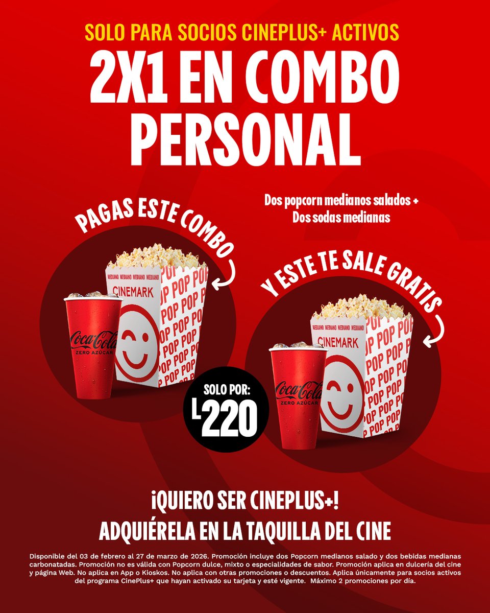 Porque ir al cine siempre es mejor cuando se comparte 🍿🥤

Con #CinePlus+, llevate un 2x1 en combo personal: pagas uno y el otro te sale GRATIS. 🍿🥰

👉 Hazte socio, activa tu tarjeta y vive el cine con más sabor… en CINEMARK 😏✨  #Dulcería #Combo2x1