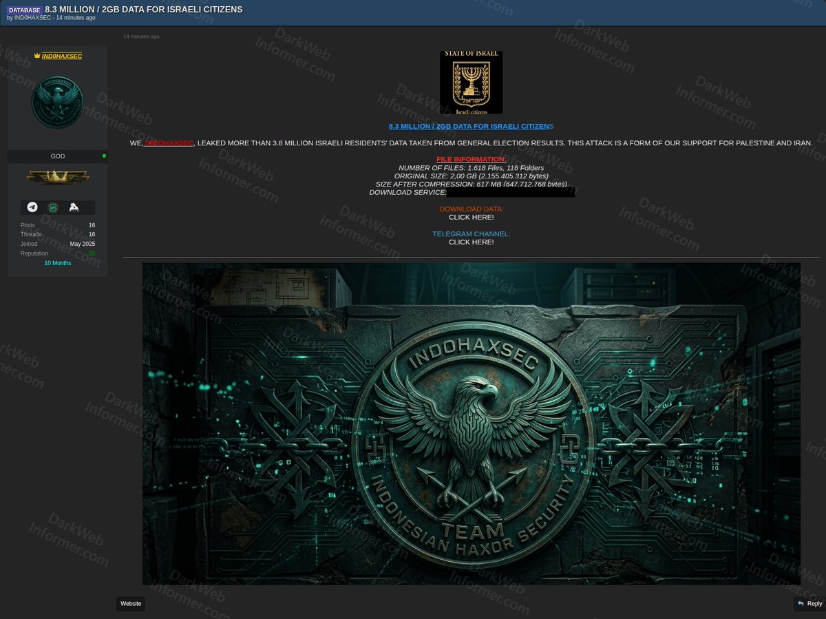 ‼️🇮🇱 A hacktivist group "INDOHAXSEC" (Indonesian Haxor Security) claims to have leaked data of more than 8.3 million Israeli residents, allegedly taken from general election results.

The leak contains 1,618 files across 116 folders, totaling 2 GB (617 MB compressed). The group