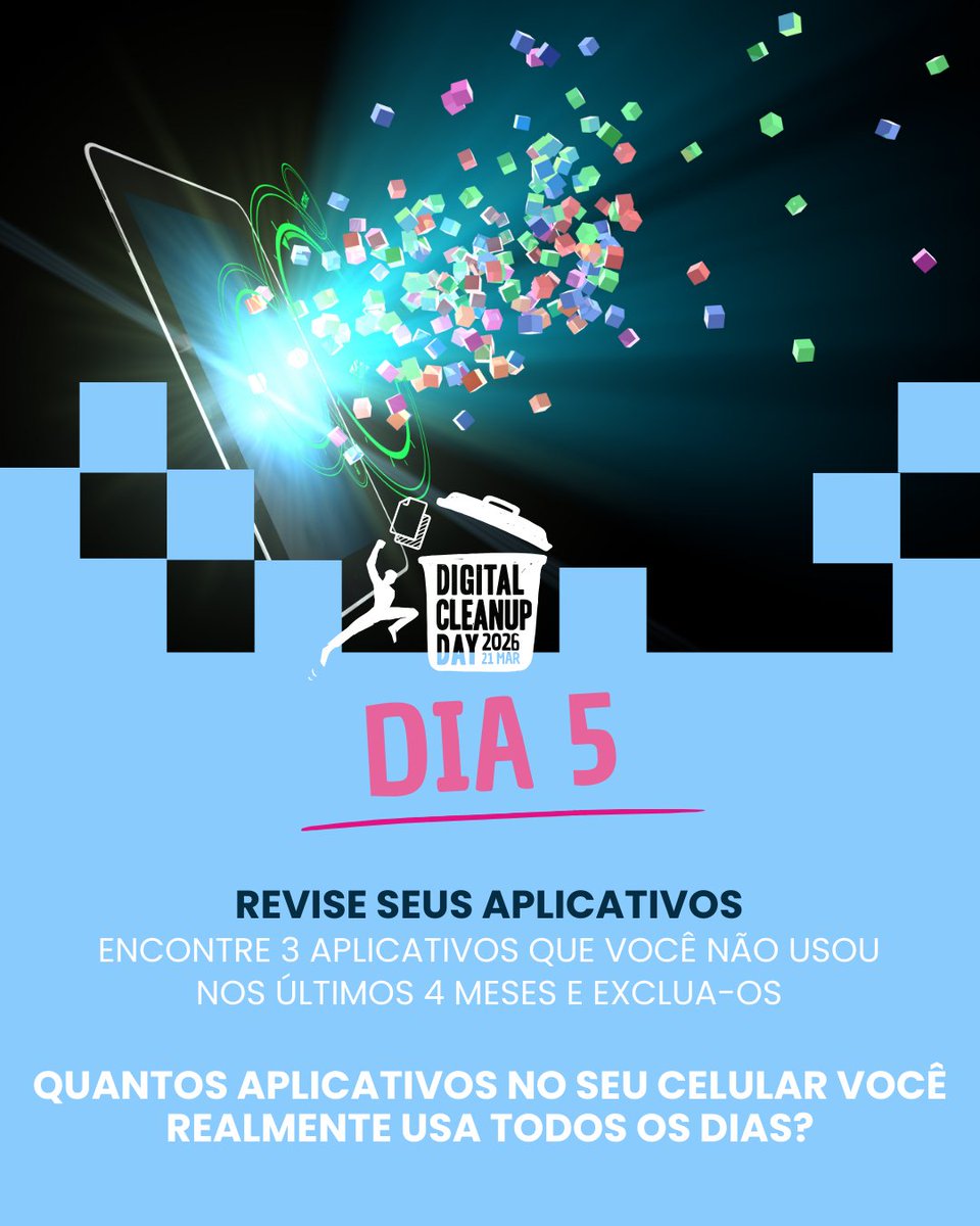 🌍 Desafio de Limpeza Digital – Dia 5

Revise seus aplicativos.

📱 Encontre 3 apps que você não usa mais e exclua-os.

❓ Quantos apps você usa diariamente?

💬 1–5 / 6–10 / Mais de 10

👉 limpabrasil.org/limpezadigital

#LimpezaDigital #DigitalCleanupDay #LimpaBrasil