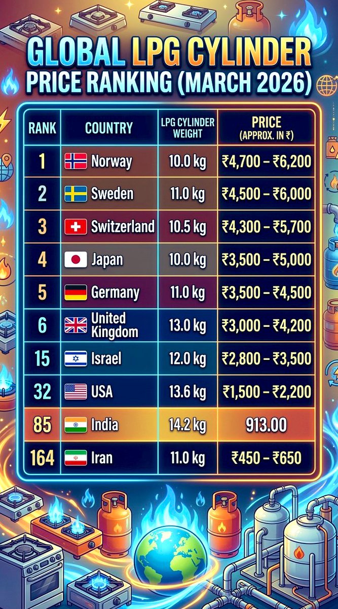 khansazidmohd's tweet image. 🚨 LPG Price Alert!
Top countries paying highest for cooking gas 🔥

#LPGPrice #GasCylinder #GlobalComparison #FuelPrices #IndiaVsWorld #EnergyCrisis #Inflation #PetrolDiesel #EconomyFacts #DidYouKnow #ReelFacts #TrendingNow #India #WorldData #FinanceFacts