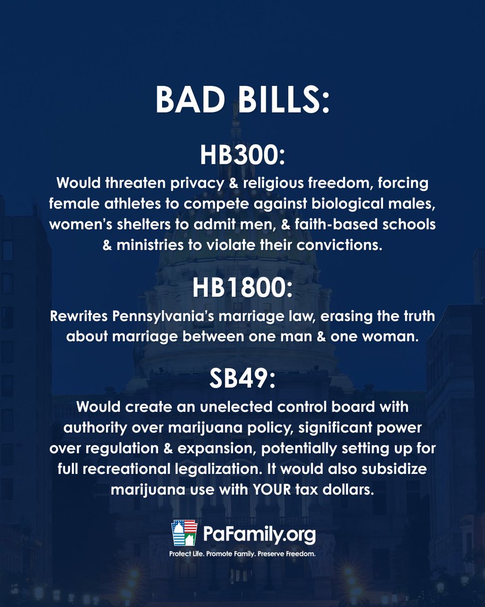 PFIpolicy's tweet photo. We’re watching what’s happening at the Pennsylvania State Capitol, and we won’t stay silent.

Three bills raising serious concerns right now:

HB 300 would threaten privacy and religious freedom, forcing female athletes to compete against biological males, women's shelters to admit men, & faith-based schools & ministries to violate their convictions

HB 1800 rewrites Pennsylvania's marriage law, erasing the truth about marriage between one man and one woman

SB 49 would create an unelected control board with authority over marijuana policy, significant power over regulation & expansion, potentially setting up for marijuana use with YOUR tax dollars.

These proposals will have lasting impacts on YOUR Pennsylvania families, and they deserve careful attention and accountability. We believe in protecting life, supporting parents, and ensuring policies reflect the values that strengthen our communities.

Join us as we track these bills. Take action, because what happens here affects you and every family across the state. Visit https://t.co/Hye2L7k83Q to stay informed.