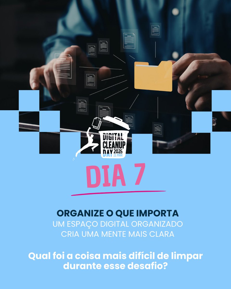 🌍 Desafio de Limpeza Digital – Dia 7

Hora de organizar o que importa.

Crie pastas simples para manter seus arquivos organizados e evitar acúmulo digital.

❓ O que foi mais difícil de limpar?
💬 E-mails / Fotos / Nuvem / Aplicativos
👉 limpabrasil.org/limpezadigital

#LimpezaDigital