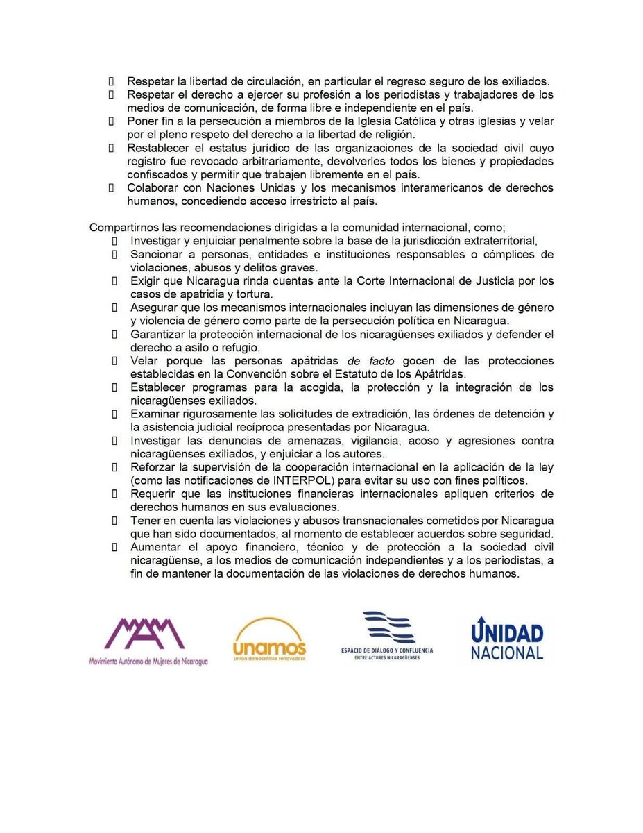 Movimiento Autónomo de Mujeres, UNAMOS, Espacio de Diálogo y Unidad Nacional Azul y Blanco asumimos el informe del GHREN ante la ONU, que evidencia la represión estatal y su impacto en mujeres y familias.
