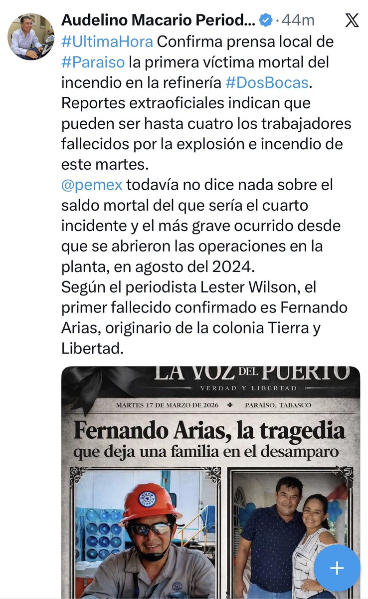 Informes de un diario local de Paraíso, Tabasco el incendio en la refinería “Dos Bocas” no fue únicamente en la barda perimetral como lo menciona PEMEX, hasta el momento cobró la vida de una persona y se presume que son lamentablemente cuatro las personas fallecidas, nos estamos