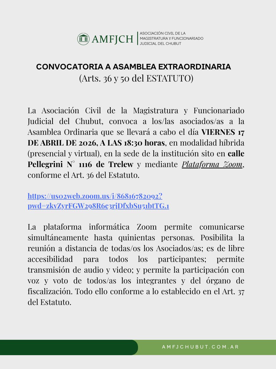 Convocamos a las/os asociadas/os de la Asociación de la Magistratura y Funcionariado Judicial del Chubut a participar de la Asamblea Ordinaria que se realizará el viernes 17 de abril a las 18:30 h, en modalidad híbrida (presencial en Trelew y virtual vía Zoom).