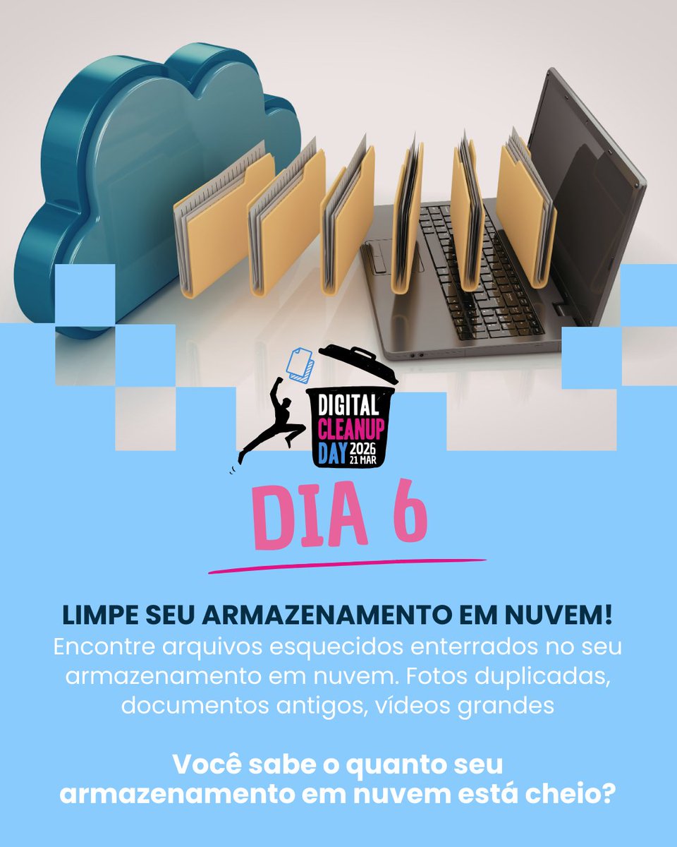 🌍 Desafio de Limpeza Digital – Dia 6

Verifique seu armazenamento na nuvem.

Fotos, vídeos e backups esquecidos continuam ocupando espaço.

☁ Procure arquivos grandes ou duplicados
🗑 Exclua pelo menos 20 arquivos

👉 limpabrasil.org/limpezadigital
#LimpezaDigital #DigitalCleanupDay
