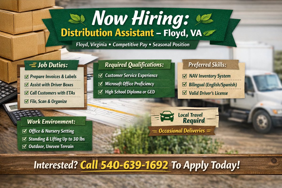ProsNrv's tweet image. We're hiring a Distribution Assistant in Floyd, VA! 📦📝 Enjoy competitive pay &amp;amp; seasonal support roles. Apply now &amp;amp; thrive in a fast-paced environment! #Jobs #FloydVA 🚚