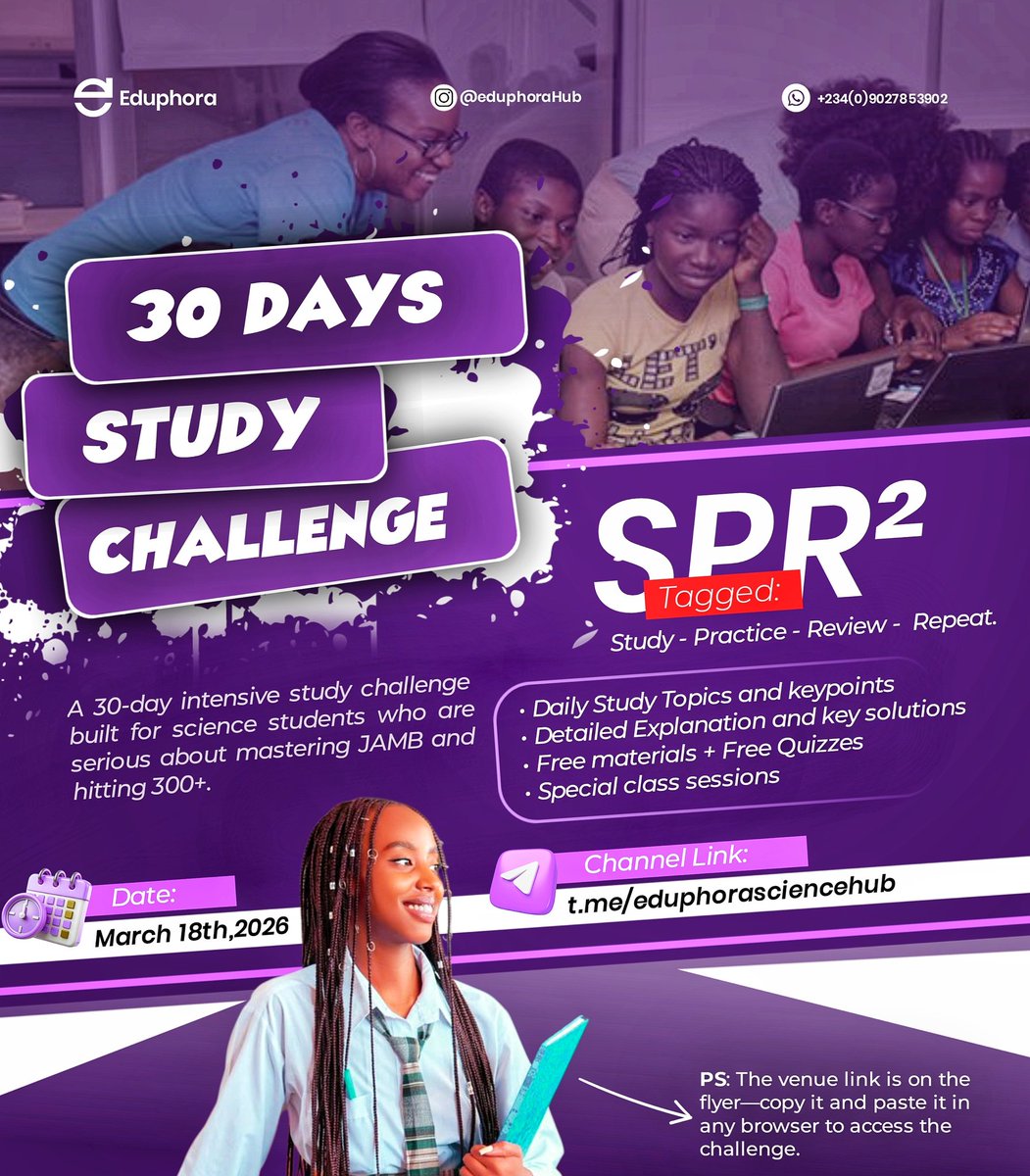 eduphoraHub's tweet photo. YOU HAD 90 DAYS BEFORE… NOW ONLY 30 DAYS REMAIN 😁

Join our 30 Days JAMB Study Challenge and let’s prepare together for your 300+ score. 📚🔥
↪️ https://t.co/n73LyzmCQZ

@JAMBHQ https://t.co/bJ54ffM2QL