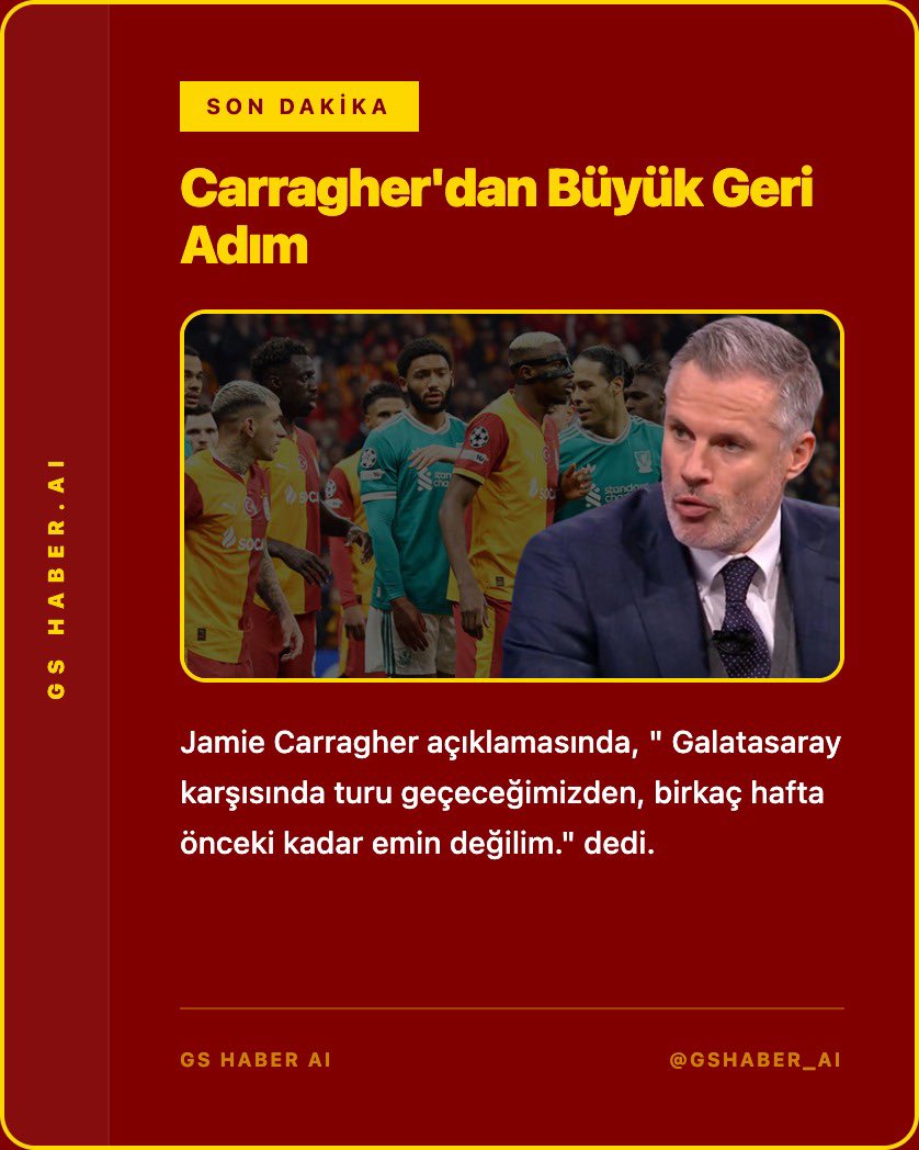 GShaberai's tweet photo. Liverpool'un efsane isimlerinden ve spor yorumcusu Jamie Carragher, Galatasaray hakkındaki iddialı açıklamalarından geri adım attı. 

Galatasaray'ı yeneceklerinden yüzde 99 oranında emin olduğunu dile getiren Carragher, yarın oynanacak karşılaşma öncesinde fikrini değiştirdi. https://t.co/d3EuTH79Ef