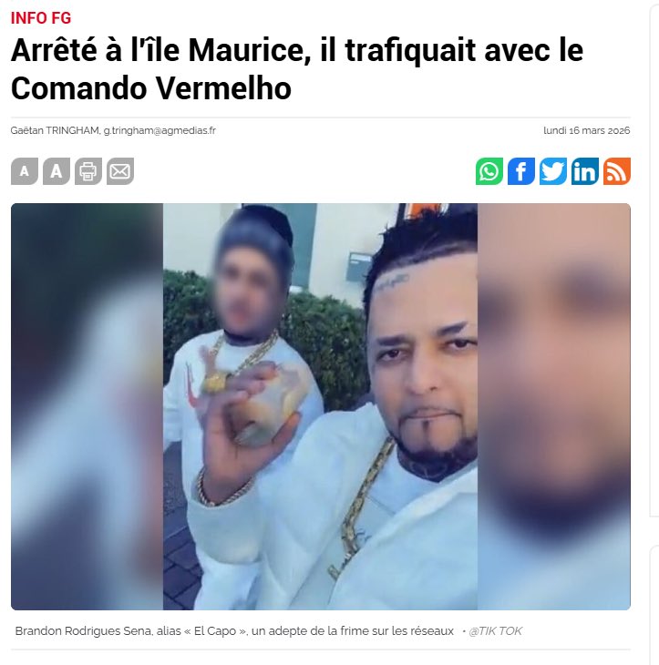 AntillesKamo97's tweet photo. 🚨Depuis l’arrestation de Brandon Rodriguez dit KAPO à l’Ile Maurice, une vaste enquête est en cours, 15 arrestations ont été faits en Guyane, Il est à la tête d’un réseau complexe et ingénieux, la Guyane demande son extradition. https://t.co/QrP3b2wbMK