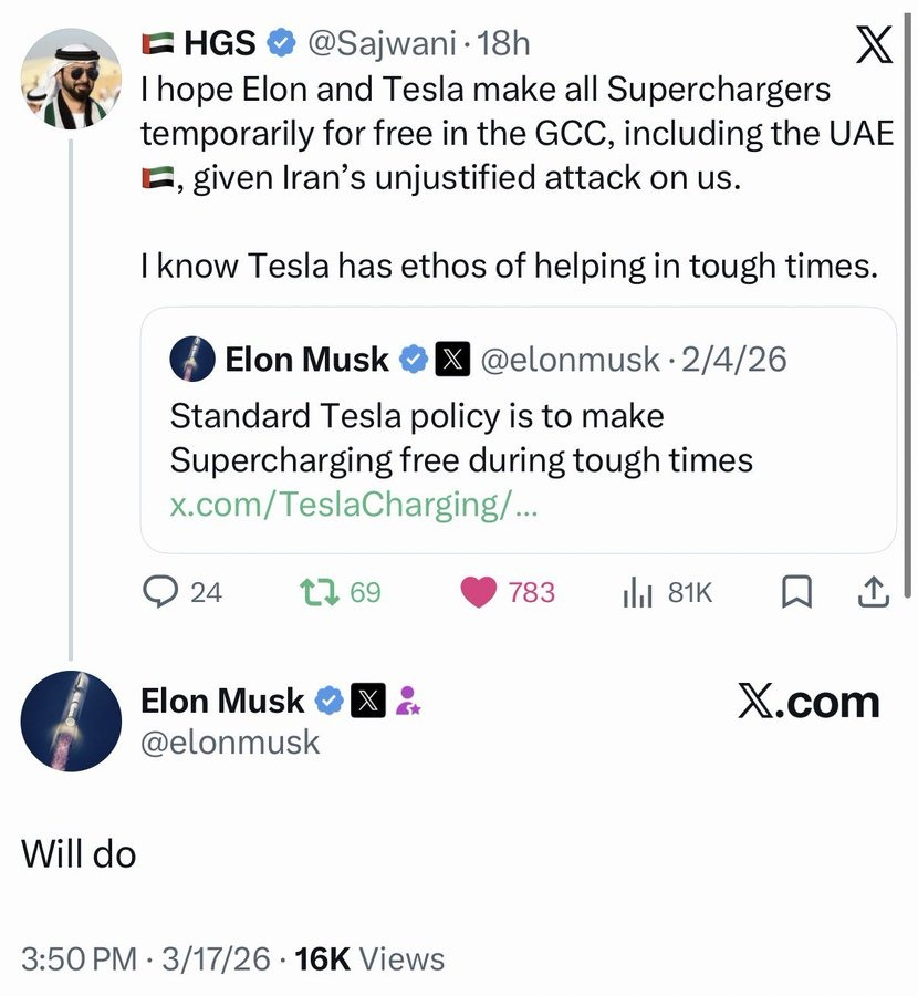 MarioNawfal's tweet photo. 🇦🇪 Tesla is making Supercharging free across the GCC

That means the Gulf Cooperation Council: UAE, Saudi Arabia, Qatar, Kuwait, Bahrain, Oman

After a post asking Elon to help during the attacks

He replied: “Will do”

They’ve done this in past crises, this isn’t new for Tesla

But timing matters

With tensions rising in the Gulf

This turns charging into infrastructure support

A real-time response

@elonmusk