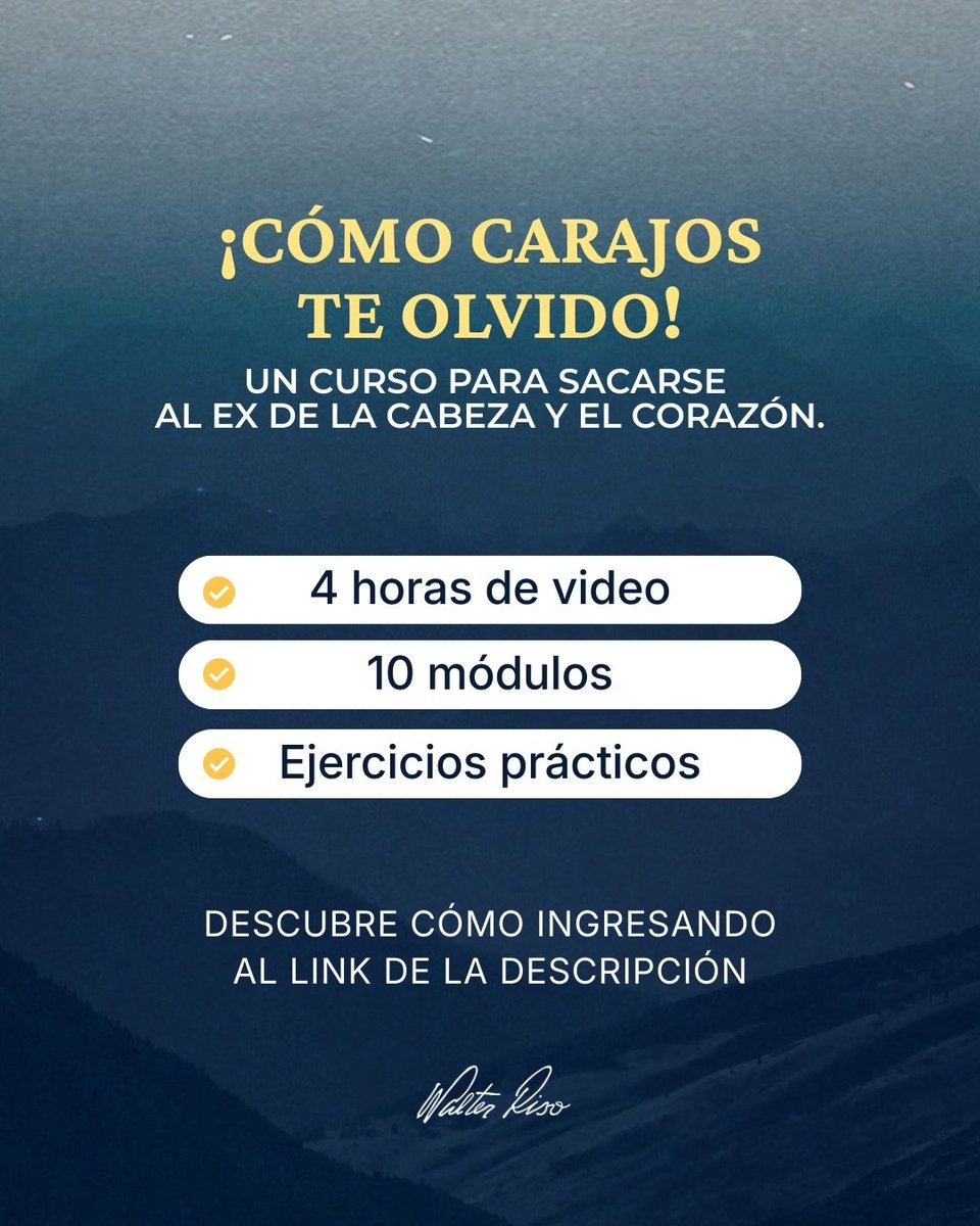 Walter_Riso's tweet photo. 👉 Ingresa https://t.co/51Ou7eOwMz 

Cuando tu ex sigue apareciendo en tus pensamientos y no logras avanzar, no es casualidad: es un ciclo que aún no has cerrado.  

El curso “¡Cómo carajos te olvido! Un curso para sacarse al ex de la cabeza y el corazón” te dará las herramientas para soltar, sanar y recuperar tu paz interior.