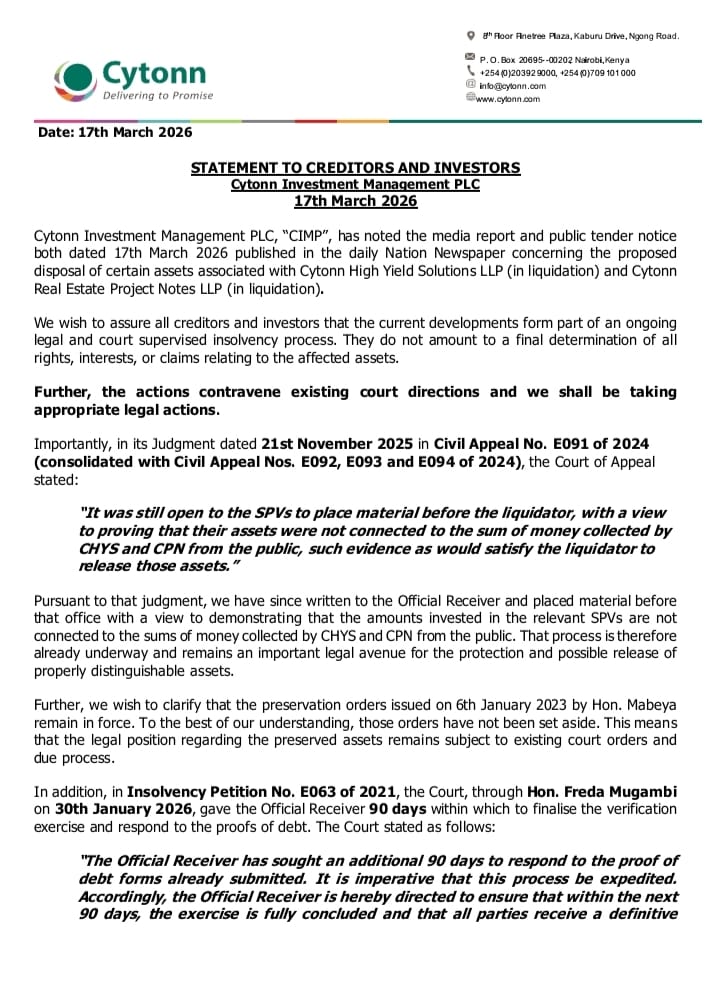 CytonnInvest's tweet photo. Cytonn reassures creditors and investors that the advertised asset disposal is not final, remains subject to court oversight, and will be challenged through appropriate legal action. https://t.co/eymMUug1pE
