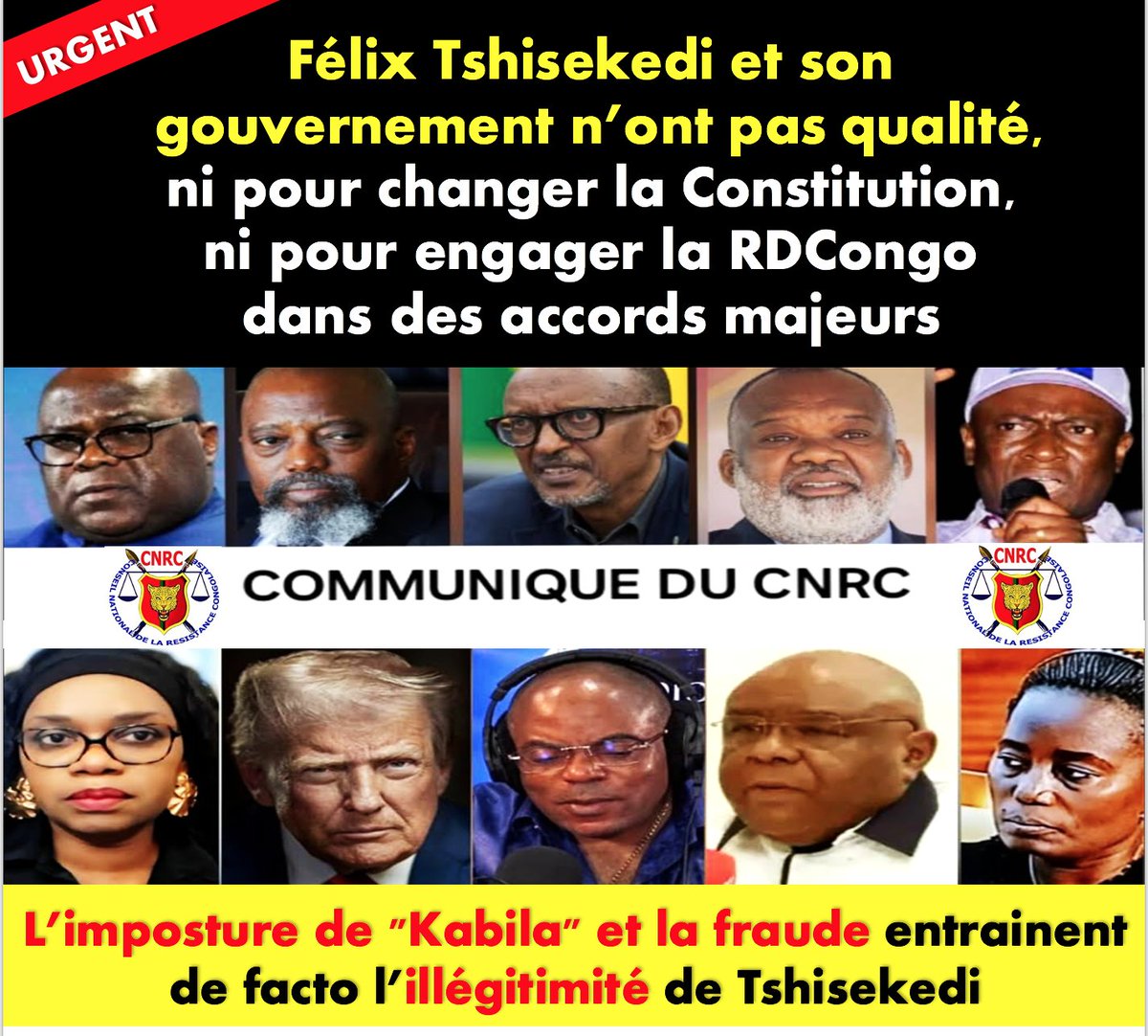 URGENT - Félix Tshisekedi et son gouvernement n’ont pas qualité, ni pour changer la Constitution, ni pour engager la RDC dans des accords majeurs 
- L’imposture de "Joseph Kabila" et la fraude entrainent de facto l’illégitimité de Félix Tshisekedi
resistancecongolaise.com/2026/03/17/urg… 

<a href="/POTUS/">President Donald J. Trump</a>