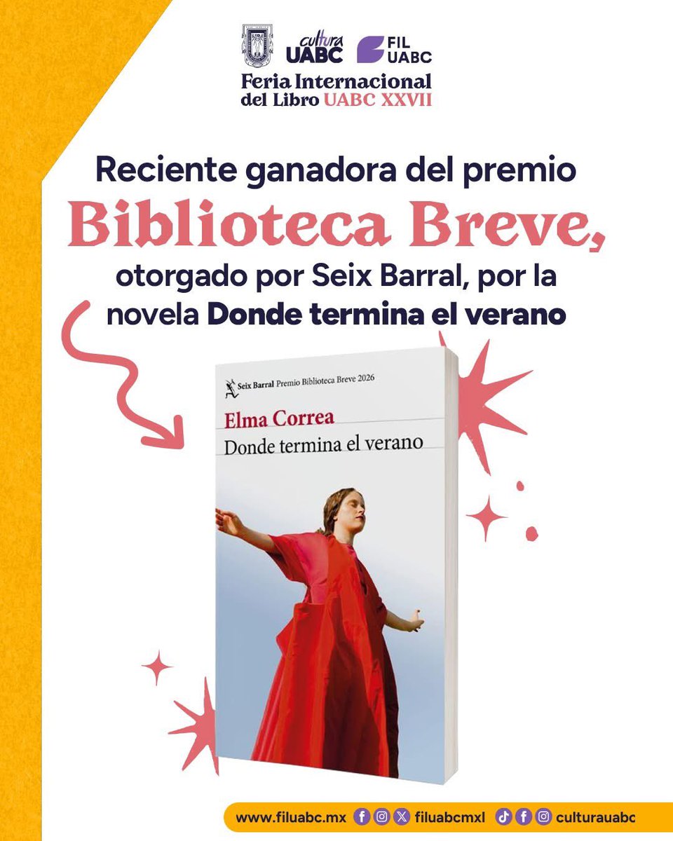 FILUABCMXL's tweet photo. 📚✨ Elma Correa en la XXVII FIL UABC ✨📚
Orgullosamente cachanilla, Elma Correa, una de las voces más destacadas de la narrativa mexicana contemporánea, regresa a casa para formar parte de la FIL.
#FILUABC #EnFILados #ElmaCorrea https://t.co/xIYlRId09O
