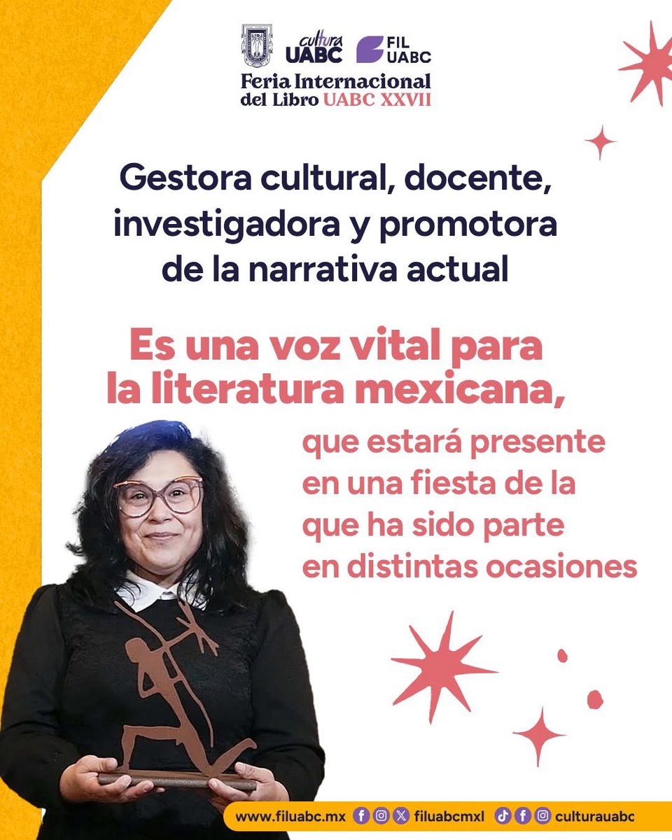 FILUABCMXL's tweet photo. 📚✨ Elma Correa en la XXVII FIL UABC ✨📚
Orgullosamente cachanilla, Elma Correa, una de las voces más destacadas de la narrativa mexicana contemporánea, regresa a casa para formar parte de la FIL.
#FILUABC #EnFILados #ElmaCorrea https://t.co/xIYlRId09O