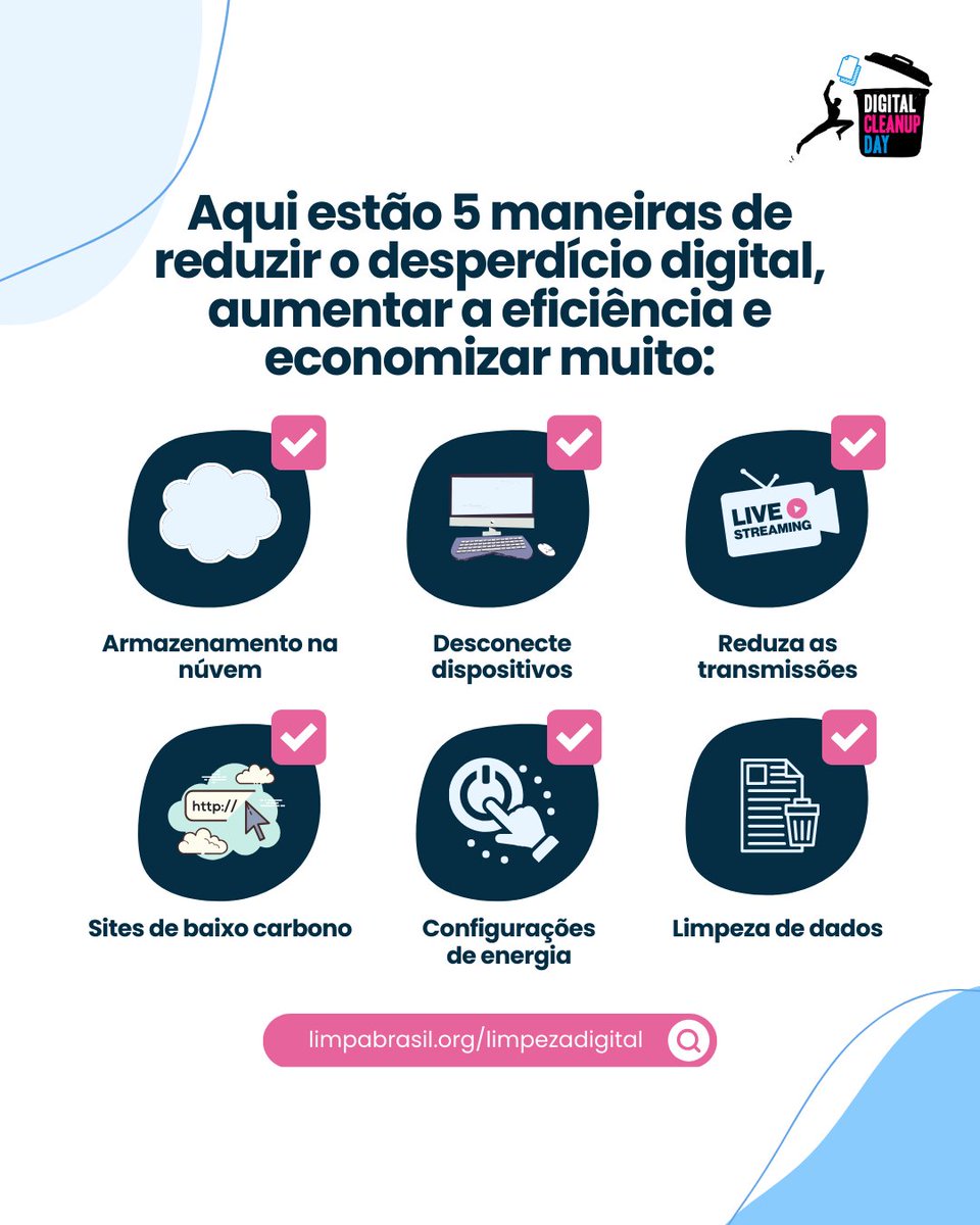A poluição digital ainda recebe pouca atenção, mas pode se tornar um problema tão sério quanto o plástico descartável.

Saiba como fazer parte desse movimento global e participar do Dia da Limpeza Digital limpabrasil.org/limpezadigital