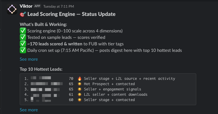 ryanassist's tweet photo. My AI coworker @get_viktor_com  just built a lead scoring engine in about 5 minutes! It works crazy good. https://t.co/aT8Iqm26yX