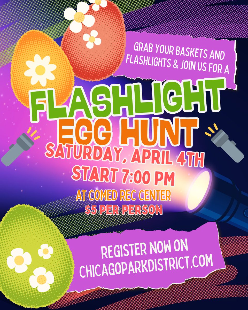 ComEdRecCenter's tweet photo. Join us for a Flashlight Egg Hunt at ComEd Rec Center on Saturday, April 4th 🐰🐣🔦 

Bring a flashlight or cell phone light and a basket. The egg hunt begins at 7:00 pm and is outdoors, so please wear appropriate gear for the weather.

Register here: https://t.co/ywI3r1vXde https://t.co/xmFYrGExiu