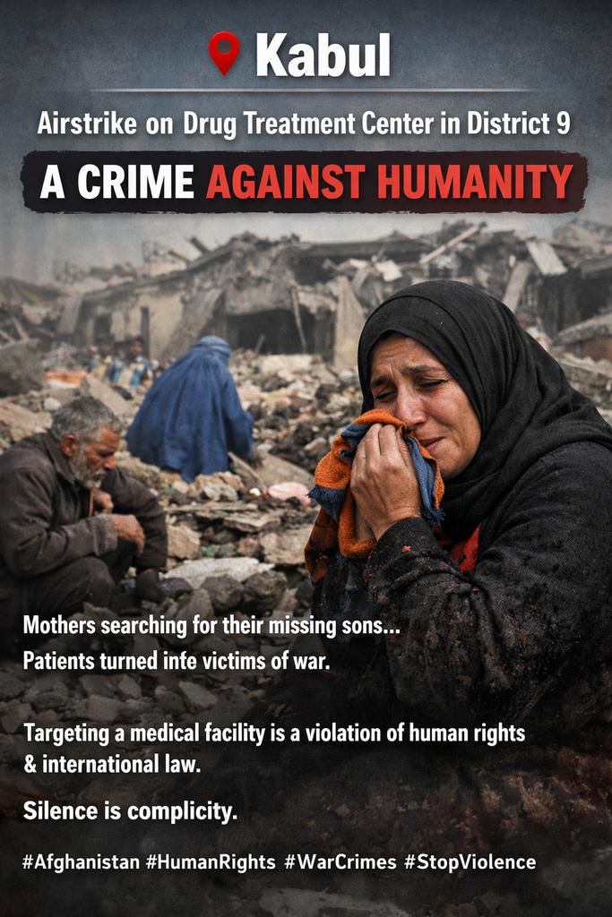 Last night’s Pakistan airstrike on a drug treatment center in District 9, Kabul Afghanistan is not just an attack — it is a crime against humanity.
Mothers spent today searching for their missing sons… many returned in despair.
Silence is complicity.
#Kabul #Afghanistan #HumanR