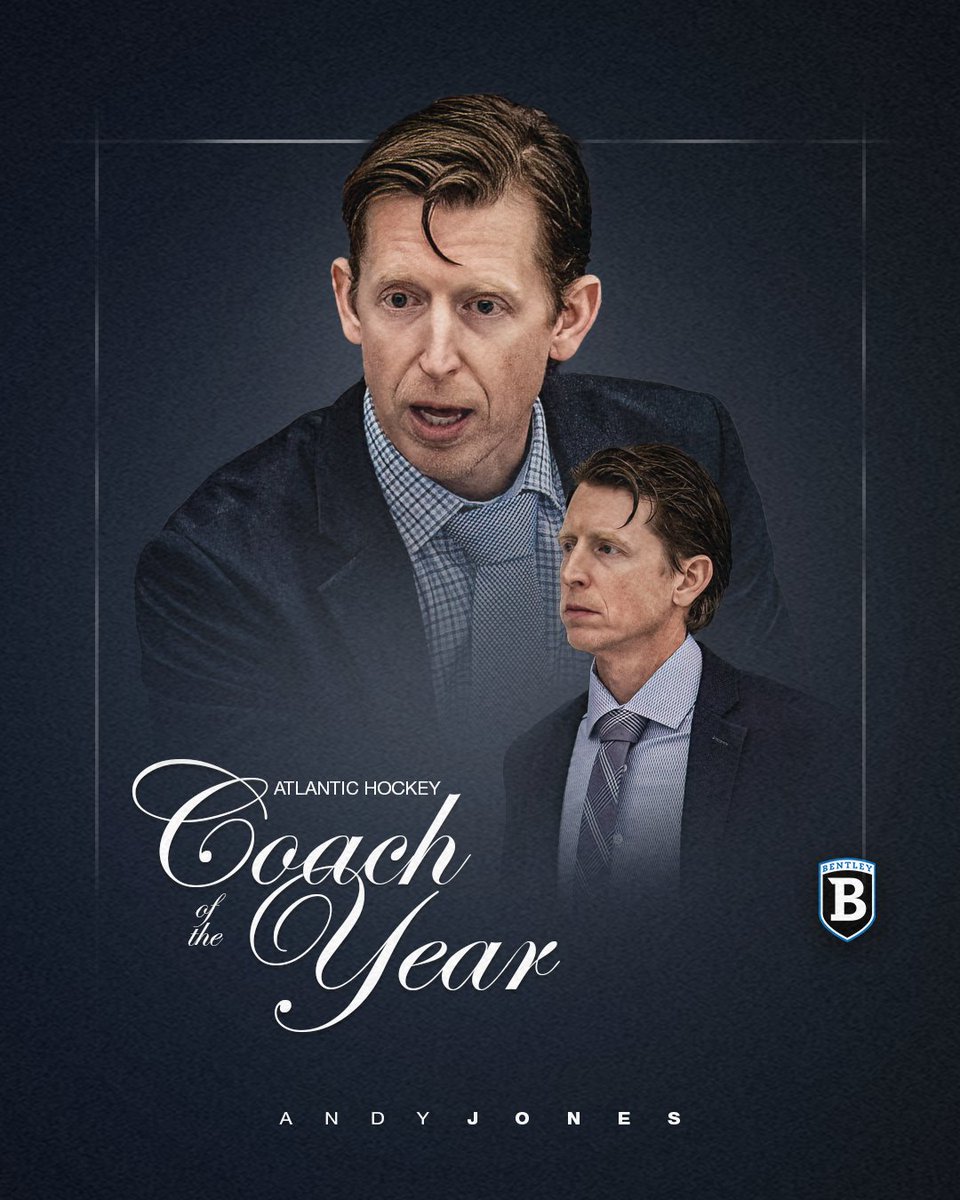 BentleyHockey's tweet photo. Andy Jones is the 2026 Atlantic Hockey Coach of the Year!

Two Falcons also earned major individual awards on Tuesday

Kellan Hjartarson: Best Defensive Forward

Nicholas Bevilacqua: Goaltending Champion

📰 https://t.co/klh39Yihln https://t.co/105NeVoEpj
