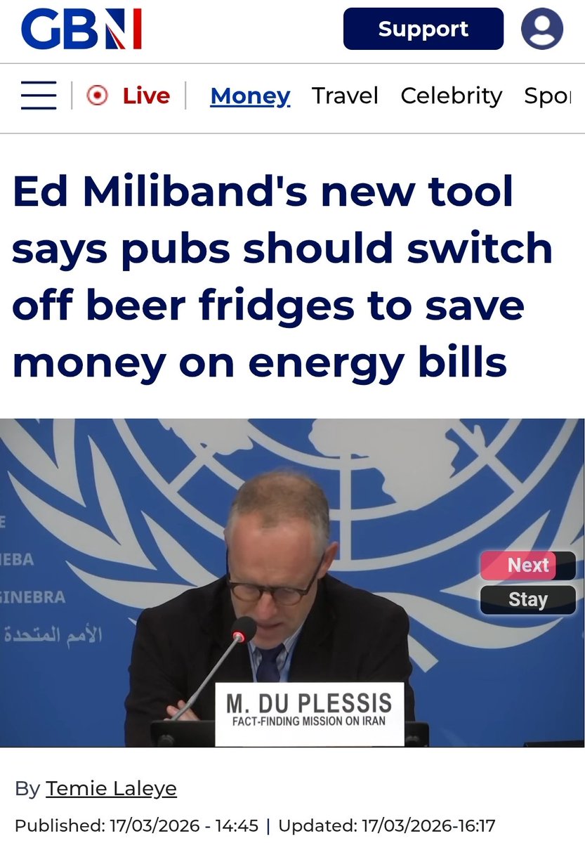 Gu_rebel's tweet photo. REINO UNIDO 🇬🇧 

Secretário de Energia Ed Miliband sugere que pubs Britânicos sirvam cerveja quente e comida fria pra economizar com energia.

Por conta da situação do Oriente Médio, o secretário calculou um gasto adicional de R$1.2 bilhões com energia para os Pubs.

Fica a discussão da nova estratégia para os botecos.

(via GB News)