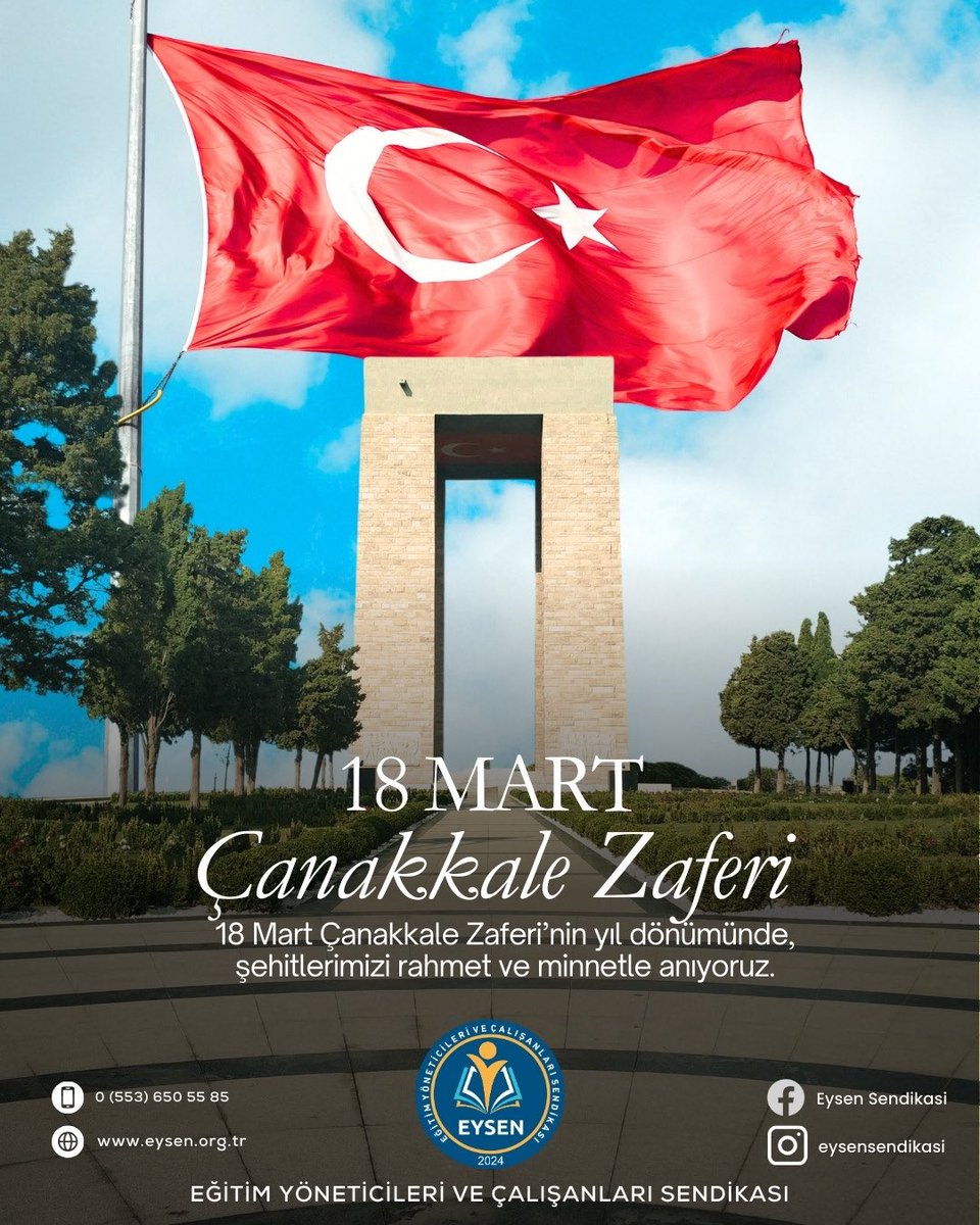 eysensendikasi's tweet photo. 18 Mart Çanakkale Zaferi ve Şehitleri Anma Günü

Tarihin dönüm noktalarından biri olan Çanakkale Zaferi, milletimizin vatan sevgisi, azim ve fedakârlık ruhunu en güçlü şekilde ortaya koyduğu bir destandır.

Anafartalar kahramanı Mustafa Kemal Atatürk başta olmak üzere, Aziz şehitlerimizi ve kahraman gazilerimizi saygı, minnet ve rahmetle anıyoruz. Onların cesareti ve kararlılığı, bugün bizlere bağımsız bir vatan bırakmıştır.

Çanakkale Geçilmez!